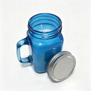 Blue Glass Handle Mason Jar Scented Candle, Soy Wax Aroma Candle with Metal Lid for Wholesale