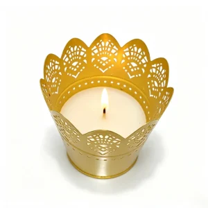 Gold lace hollow metal bucket scented candle with decorative design for private label and wholesale buyers