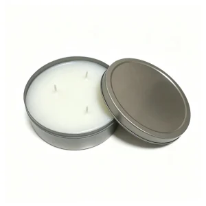Custom tin candle in metal container with private label fragrance and packaging options