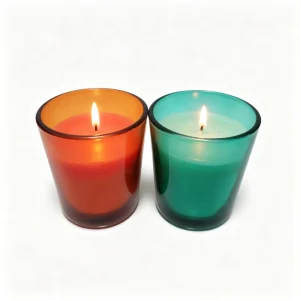 Colored glass jar scented candles in amber and teal