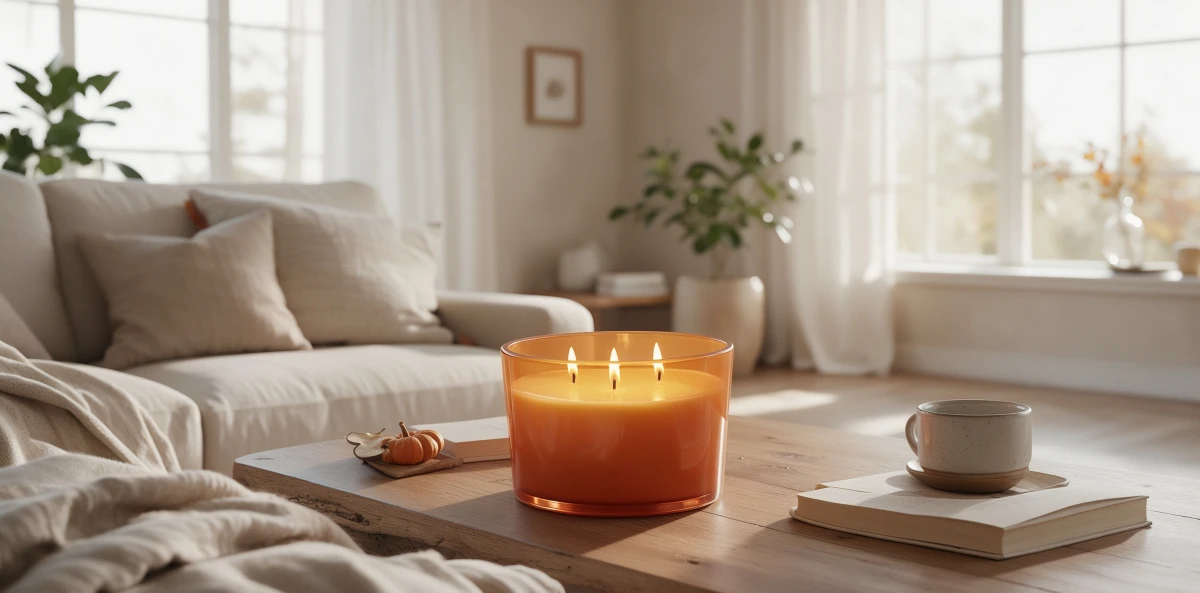 three-wick yellow scented candle glass jar